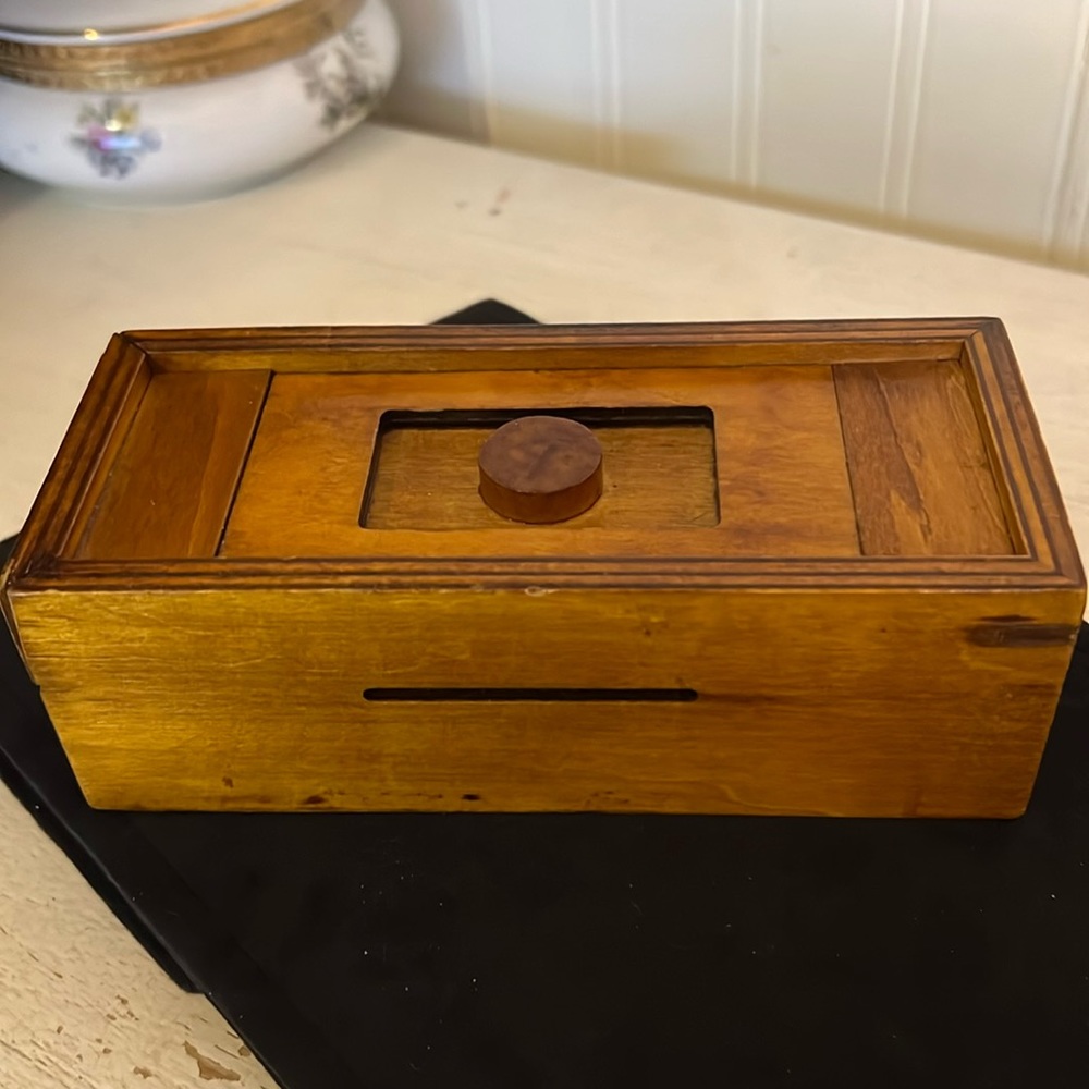 Vintage handmade bank wood puzzle box 6” x 2” x 2.5”
